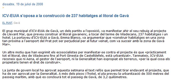 Notícia publicada al diari EL PUNT sobre l'oposició d'ICV-EUiA de Gavà al pla de "Llevant Mar" a Gavà Mar per la seva proximitat a l'aeroport del Prat (19 de Juliol de 2008)